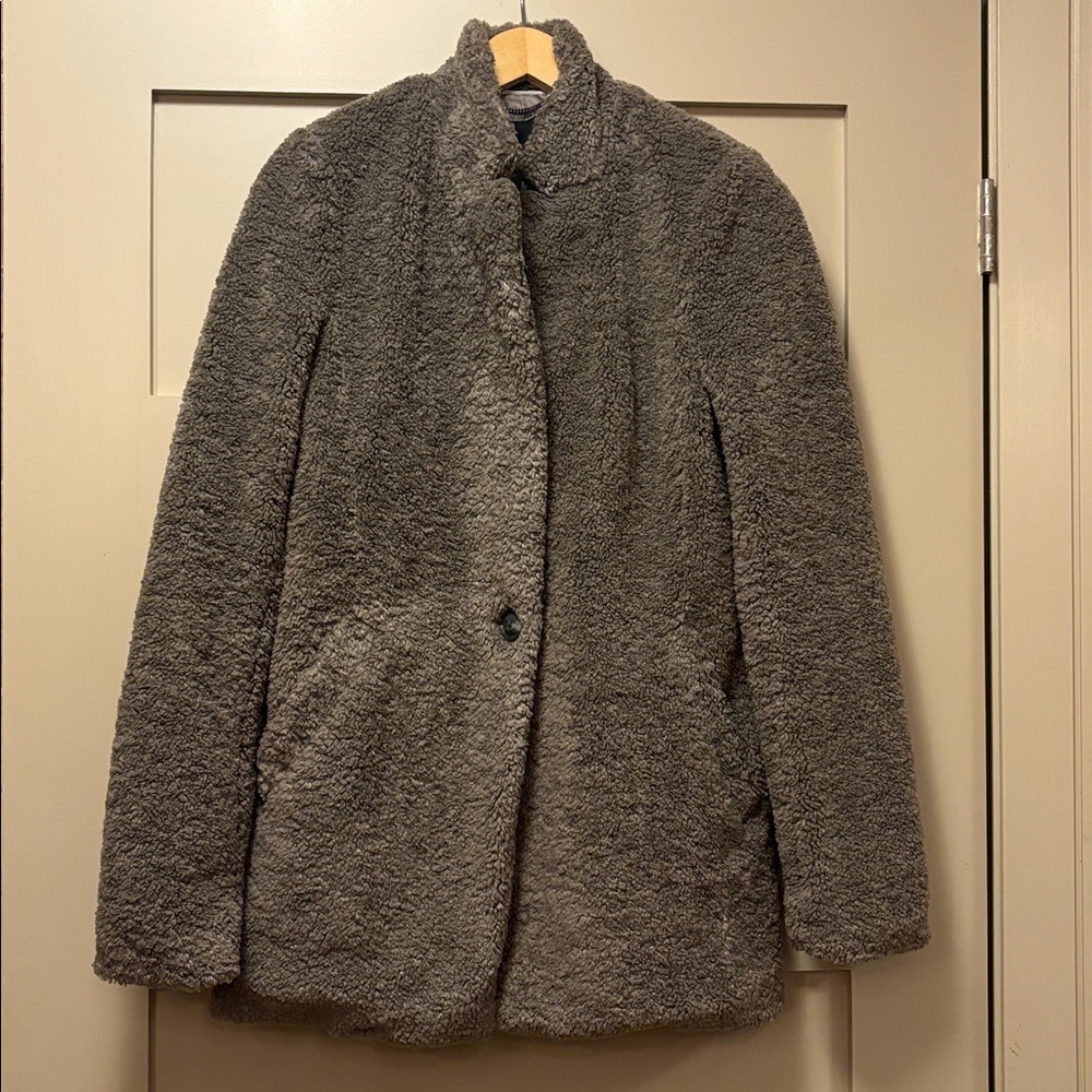 BANANA REPUBLIC Teddy Blazer Faux Fur Sherpa Jacket Satin Lined Grey Cozy